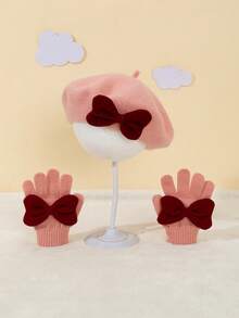 2pcs New Year Hat Set, Christmas Hat Set, Pink Velvet Bow Beret Hat + Gloves Set For Kids, Warm Beret Hat + Gloves Set For Autumn/Winter - 2 Pcs - View 16