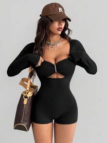 AITYI Studio Damen Jumpsuit, lässig für den Alltag, sexy Chic Outdoor, Abschluss, Schulanfang, Weihnachten, Herbst/Winter, elastischer Strick Langarm Shorts, gut sitzend - Schwarz - Übersicht 3