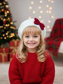 1顶女童红色天鹅绒蝴蝶结针织帽，儿童贝雷帽，画家帽 - 1PC - 查看 8