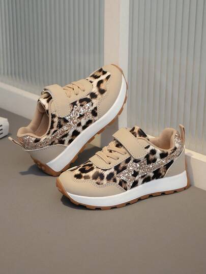 1 Pair Girls' Khaki Leopard Print Champagne Sequin New Outdoor Sports Shoes, Tennis Shoes, Running Shoes, Suitable For All Seasons