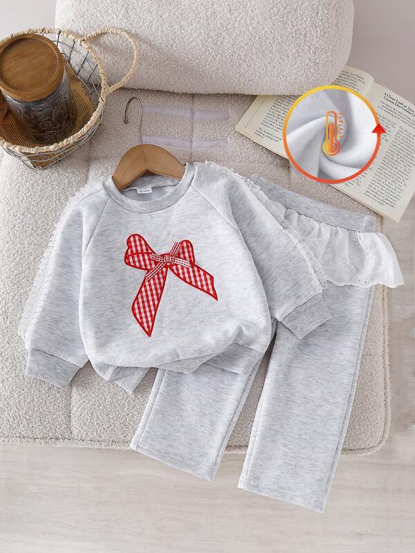 2pcs Baby Girls Butterfly Decor Ruffle Trim Long Sleeve Sweatshirt And Straight Leg Ruffle Pants Set, Cute, Chic, Comfortable And Versatile For Outings