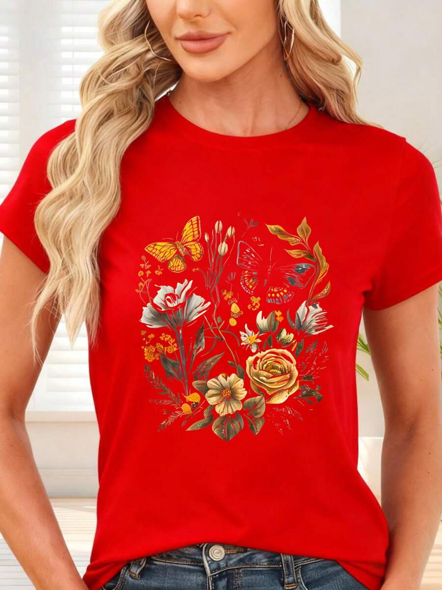 Camiseta de con Estampado de Mariposas y Flores para Otoño y Primavera - Rojo - Ver 1