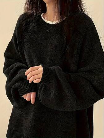 Ny höst/vinter lös stickad tröja för kvinnor, mysig rundhalsad tröja med lanternärm