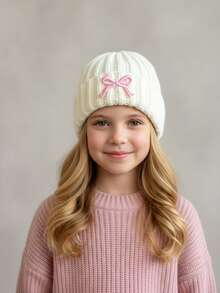 1顶女童刺绣蝴蝶结针织帽，时尚幼儿女童秋冬季针织帽，保暖儿童针织帽，白色儿童冬帽 - 1PC - 查看 7