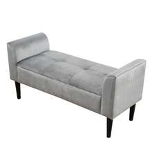Upholstered Benches With Armrests, Bed Benches, Bed Stools, Bedroom Benches, Piano Benches, Dining Benches With Plaid Pattern, Velvet, MDF, Grey - Gray + Velvet - View 3