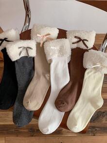 1双女士蝴蝶结装饰加厚保暖袜，适合搭配踝靴，秋冬季舒适袜子 - 彩色 - 查看 3