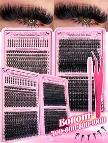 760PCS D Curl Individual Lash Clusters Bottom+40D+60D+80D+100D 4 Styles 9-16mm Lash Clusters Natural Look&Waterproof&Super Light Reusable Individual Segmented False Eyelashes Eyelash Extension Kit With Make Up Lash Tweezer&Lash Brushes For Self Use At Home For Daily Life&Wedding&Dating&Party&Travel - 黑色 - 查看 2