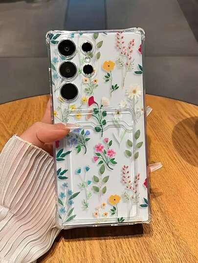 Colorful Small Flowers And Green Branches/Leaves - Patterned Card - Holding Phone Case. It Can Hold Cards. Photo. Suitable For 17, 16, 15, 14, 13, 12, 11, PRO MAX,Air, PLUS,