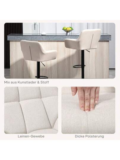 HOMCOM Set Of Retro Bar Stools, Height Adjustable, Faux Leather, Linen Look, Crème Zwart (On Site) view 4