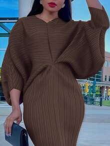 Women's Pleated Batwing Sleeve Dress - V-Neck Solid Color, Comfortable Fabric, Suitable For Daily, Casual, Office & Formal Dinner Occasions, One Size (Up To XXL) - 卡其色 - 查看 3