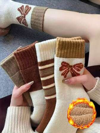 女士新款加厚保暖抓绒复古可爱蝴蝶结图案中筒袜，舒适柔软家居袜，秋冬季睡袜