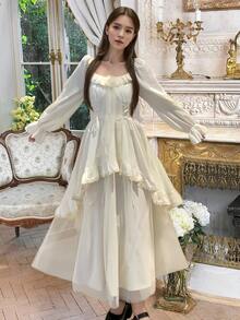 Women's Elegant Evening Party Dress Long Sleeve Ruffles Mesh Patchwork Dresses Christmas Birthday Wedding Guest Dress Autumn French Style Female Fall Vintage Chic New Year Night Going Out Outfits