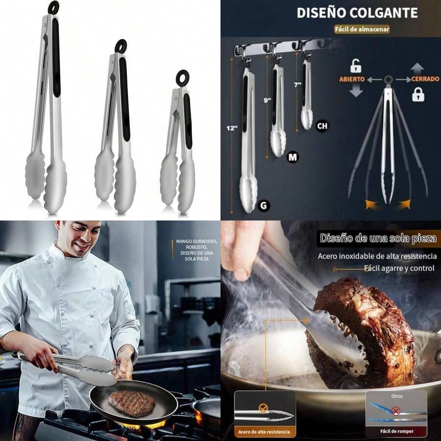 U Chef Juego de 3 Pinzas de Cocina, Pinzas para Asador de Acero Inoxidable, Resistentes a 600 °C, con Bloqueo Metálico, Utensilios de Cocina para Ensaladas (18, 23 y 30 cm)(default) - Tipo 1 - Ver 1