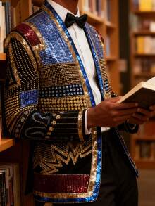 Men's Sequin Blazer, Floral Tuxedo Jacket, Lapel Suit For Party Wedding Banquet Prom - 黑色 - 查看 3