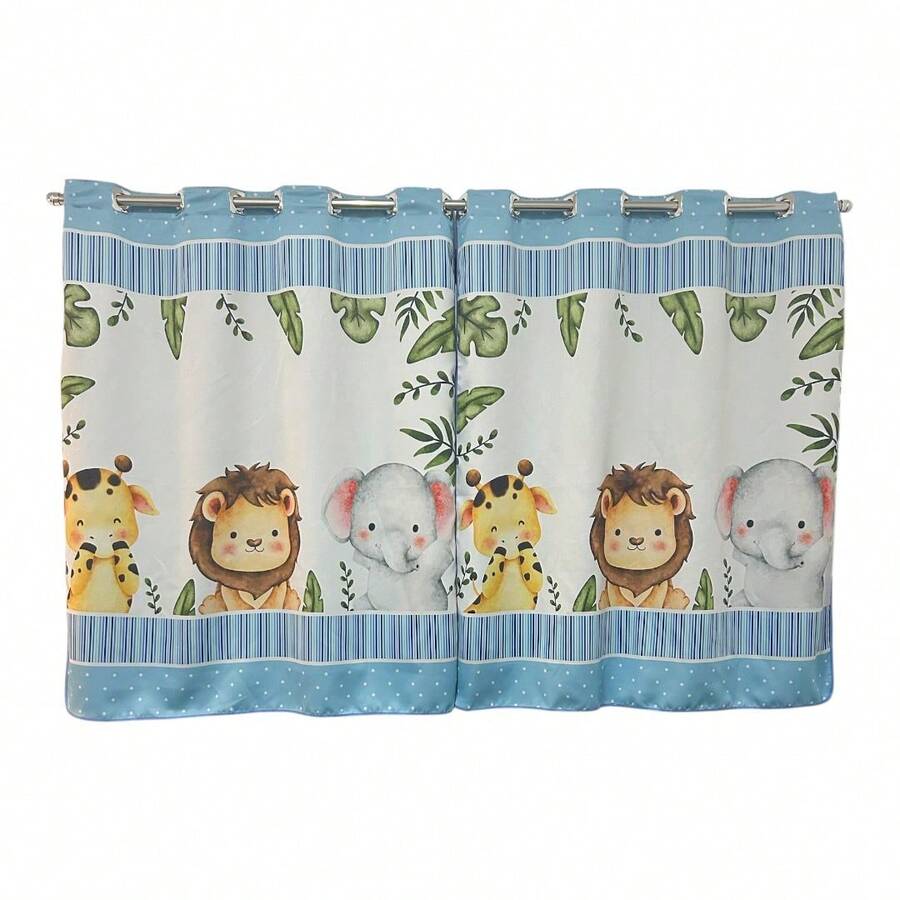 Cortina Infantil 2,70 x 1,50 Microfibra 200 fios Sublimada Decoração para Quarto - Safari Azul - Visão 1