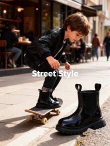 1 Pair Fashionable Solid Color Leather Boots, Unisex, With Side Zipper Design For Easy Wear, Microfiber Leather Upper For Easy Cleaning, Suitable For Outdoor Activities In Autumn/Winter