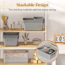 Plastic Storage Basket, 6 Pack Stackable Bins For Organizing, Multi Size Open Containers For Shelving, Pantry, Kitchen, - Grey - View 3