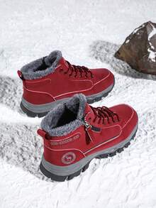 Zapatos deportivos multifuncionales con forro térmico antideslizante para mujer en invierno, botas de tobillo cómodas y cálidas para exteriores - Rojo - Ver 4