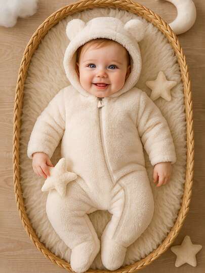 H HIBOBI Winter Unisex Long Sleeve Cute 3D Teddy Bear Ears Plush Warm Baby Romper With Hand & Foot Covers (Hat Lining Unpositioned)