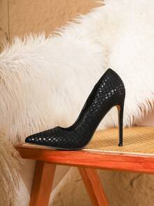 时尚性感黑色石纹尖头套脚休闲派对高跟鞋，女士细高跟鞋 - 黑色 - 查看 6