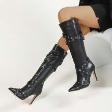 Giày bốt cao gót mũi nhọn phong cách Gothic cổ điển dành cho nữ, dây đeo chéo có khóa kéo, thiết kế khóa kéo bên hông, giày bốt đi xe giữ ấm lót nhiệt, thời trang đa năng, thon gọn, thích hợp để đi làm, hẹn hò, tiệc tùng, dạo phố - màu đen - Xem 6