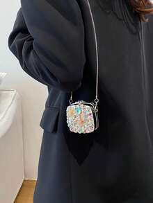New Fashionable Niche Design Mini Bow Versatile Lipstick Earbud Coin Purse Women's Chain Shoulder Crossbody Bag (Handmade, Random Color, Quantity And Position Of Rhinestones) - Silver - View 6