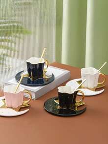 1pc Nordic Style Ceramic Coffee Cup & Saucer Set, Creative Gold-Plated Handle, Fashionable Star & Moon Design, Elegant Office/Afternoon Tea Cup