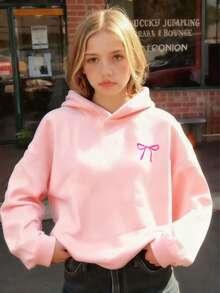 [Girls' Clothing] Tween Girl  Girl Clothing Cute Bow Print Pullover Hooded Sweatshirt Autumn And Winter Student Young Children's Clothing Long Sleeve Top - Fun And Colorful Hoodies To Inspire Every Child's Imagination Clothing For Children - 粉色 - 查看 3