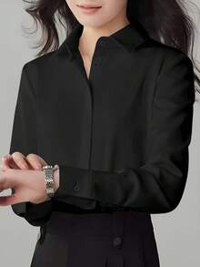 1 chiếc áo sơ mi cài cúc phía trước màu trơn, chất liệu polyester, thích hợp cho công sở, mặc hàng ngày, đi nghỉ mát, mùa xuân/hè/thu. Màu đen. - màu đen - Xem 5