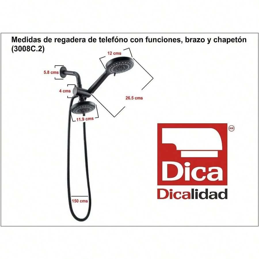 DICA, Regadera de Teléfono con Funciones con Brazo y Chapetón, Acabado Negro Mate, Acero Inoxidable, ABS, la Regadera Cuenta con Tres Diferentes Funciones, Flujo de Lluvia, Masaje y Burbuja, 3008C.2 - 1 - Ver 1