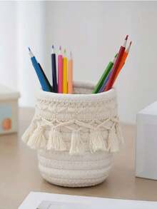 Chic Tasseled Storage Basket For Home Office And Living Room - Minimalist Retro Desk Organizer And Cosmetic/Makeup Storage, Pen Holder, Jewelry And Small Item Organizer, Woven Indoor Decorative Basket For Tidy Spaces, Multipurpose Utility For Vanity, Study Desk, Craft Room, And Gift Ideas For Spring Festival, Lightweight Design, Soft-Tone Decor, Versatile Storage Solution For Office Supplies, Accessories, And Personal Care Products - Multicolor - View 11