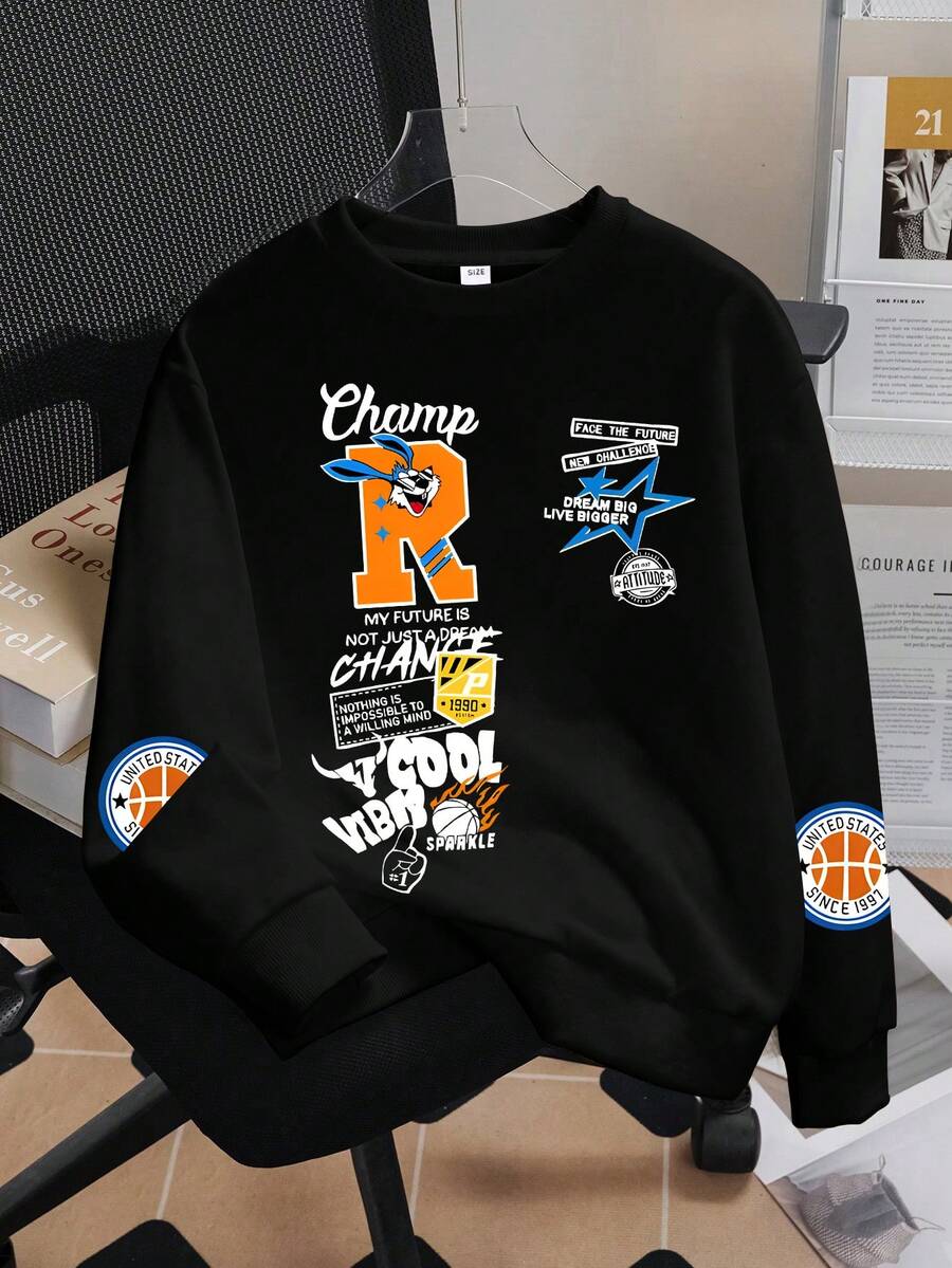 青少年男孩休闲简约酷炫卡通设计运动风格套头衫圆领长袖毛衣秋冬新款男童衣服儿童 - 黑色 - 查看 1