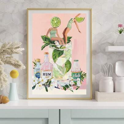 1pc Mojito Cocktail Kunstdruck, Retro Limette Mädchen Pop Art,Canvas Wall Art,Posters For Room,Home Decor,Room Decor Aesthetic,Room Decoration Stuff.Optional Frame, Room Decor