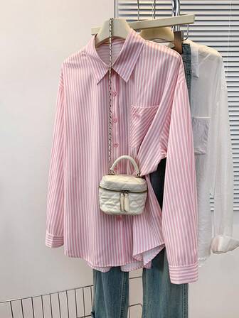 Women's Pink Striped Front Button Pocket Embroidered Button Shirt