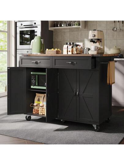 Kitchen Isl Serving Cart Countertop, Cabinet, Trolley, Food Four Doors Two Drawers, Wood Finish view 8