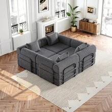 Chenille 2-In-1 Sofa Bed With Armrest Storage Pocket, Three Metal Frames And Multiple Configuration Options - Grey + Chenille + 4 Seat - View 9