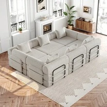 Chenille 2-In-1 Sofa Bed With Armrest Storage Pocket, Three Metal Frames And Multiple Configuration Options - 卡其色+雪尼爾+6座 - 查看 7