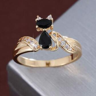 1pc Cute Cat Design Cubic Zirconia Inlaid Women Ring