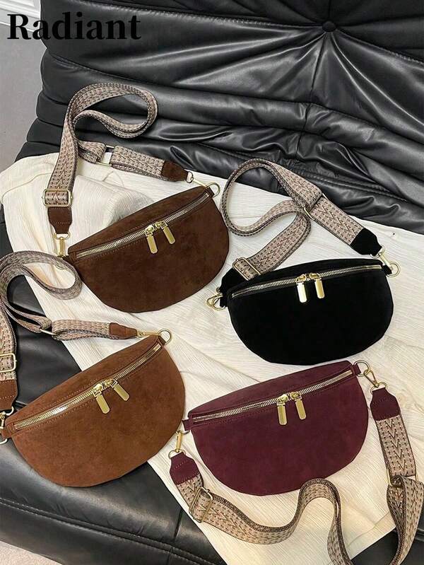 Women's Velvet Fanny Pack Chest Bag With Zipper, Wide Strap, Large Capacity Saddle Bag, Versatile Crossbody Bag