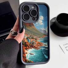 Funda para teléfono de silicona negra con impresión de paisaje costero y montaña escénica para uso diario y viajes - Café integral - Ver 1