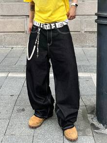1条Infinite Jeans复古印花宽松休闲阔腿牛仔裤，舒适百搭，不含腰带或配饰 - 黑色 - 查看 4