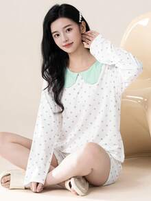 Conjunto de pijama feminino de 2 peças com estampa de bolinhas, blusa de manga comprida com gola Peter Pan e shorts. Roupa casual ideal para primavera, verão, outono, inverno e Dia dos Namorados. - Multicolorido - Ver 5