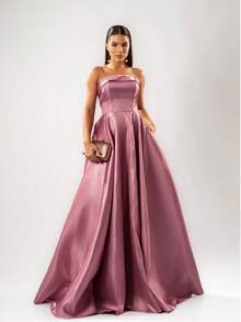 Glamour In Zibeline. A Party Dress With The Luxurious Shine And Texture Of The Fabric, Highlighting The Strapless Design With A Sweetheart Bust And The Sensuality Of The Maxi Side Slit. A Striking Choice. Simple, Elegant Party Dress. Ruched. Zipper. Backless. Formal And Evening Wedding Dress. - 玫瑰肉桂 - 查看 1