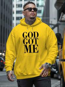 Men's Loungewear God Got Me Black Sweatshirt For Men With White Print "GOD GOT ME" - Fleece Lining, Casual Streetwear, Regular Fit Long Sleeve For Autumn Winter Spring, Lined Sweatshirt, Seasonal Fashion, Durable Fabric, Urban Style, Cozy Material, Printed Sweater, Streetwear Lovers, PLUS SIZE Loose And Comfortable - 黑色 - 查看 9