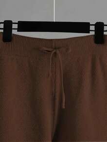 Women's Loose Solid Color Knitted Two Piece Set (Spring Thin) - Round Neck Long Sleeve Irregular Hem Autumn/Winter Sweatshirt And Wide Leg Pants With Split Cuffs, Comfortable Casual Wear, Casual Sportswear, Casual Knitted Set, Women's Thin Knitted Sweater Set, Women's Sportswear Set - Cà phê nâu - Xem 4