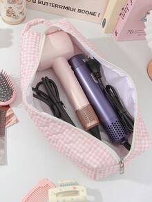 1 Peça/Conjunto Bolsa de Armazenamento Acolchoada com Estampa Xadrez Rosa para Ferramentas de Cabeleireiro, Bolsa de Armazenamento para Secador de Cabelo, Bolsa de Armazenamento para Ferros de Ondular, Suporte para Secador de Cabelo, Bolsa para Ferramentas de Cabelo, Bolsa para Presilhas de Cabelo, Organizador de Transporte para Ferramentas de Ondulação do Cabelo, Ferros de Ondular, Secador de Cabelo, Presilhas de Cabelo, Pente