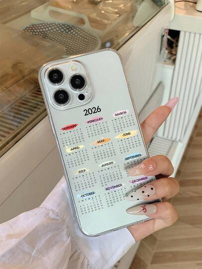 Chinese New Year 1pc Thick Transparent Anti-Drop UV Painted Pink TPU Phone Case With 2026 New Year Calendar Design, Fit For IPhone17/17Air/17Pro/17Promax, IPhone16/16Plus/16Pro/16Promax, IPhone15/15Plus/15Pro/15Promax, IPhone14/14Plus/14Pro/14Pro Max, IPhone13MINI/13/13Pro/13Pro Max, Galaxy