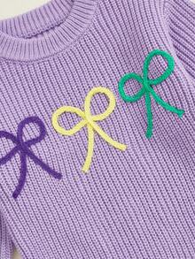 Toddler Baby Girl Boy Mard Gras Outfit Bow Embroidered Knit Crew Neck Sweater Long Sleeve Pullover Tops Fall Clothes,Cute Kids Mard Gras Sweater 6Months - 7 Years. - 紫色 - 查看 5