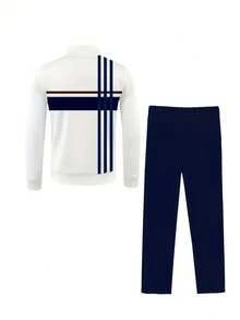 2PCS High-Quality Polyester Men's Long-Sleeved + Long Pants Sportswear Set, 3D Printed Pattern, Anti-Wrinkle And Easy To Care For, Half-Collared Top, European And American Style, Fitness, Outdoor Leisure, Golf, Tennis - 藏蓝色 - 查看 2
