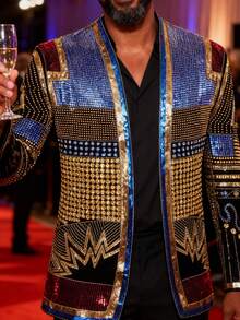 Men's Sequin Blazer, Floral Tuxedo Jacket, Lapel Suit For Party Wedding Banquet Prom - 黑色 - 查看 4